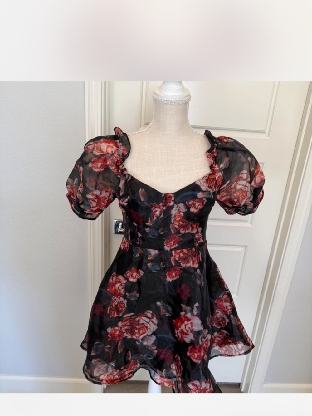 Floral Puff-Sleeve Black and Red Mini Dress